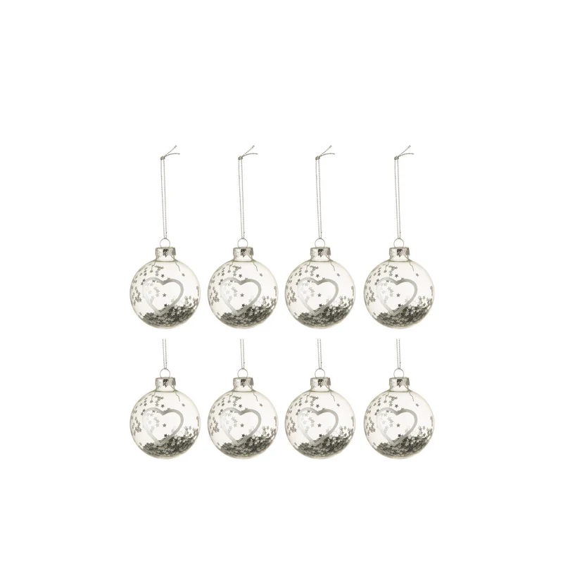 J-Line Box mit 8 Weihnachtskugeln, Herz, glasfertig, Silber, klein