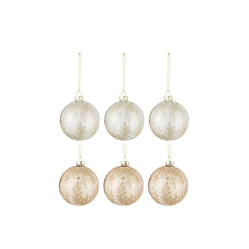 J-Line Box mit 6 Weihnachtskugeln 3+3 Blätter, Glas, transparent, Beige/Gold, klein
