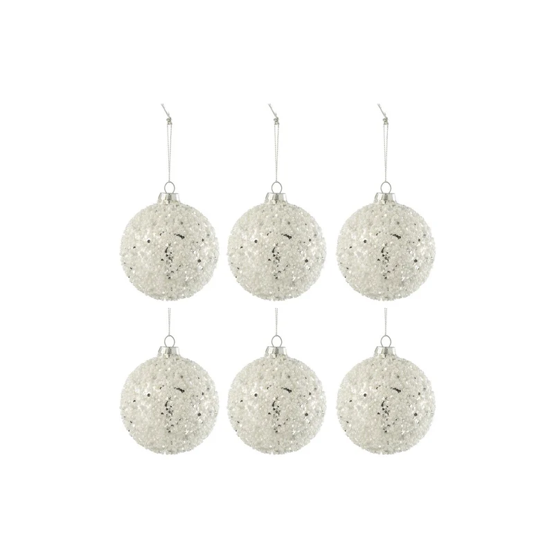 J-Line Box mit 6 Weihnachtskugeln, Perlen + Glitzerglas, Silber/Weiß, klein