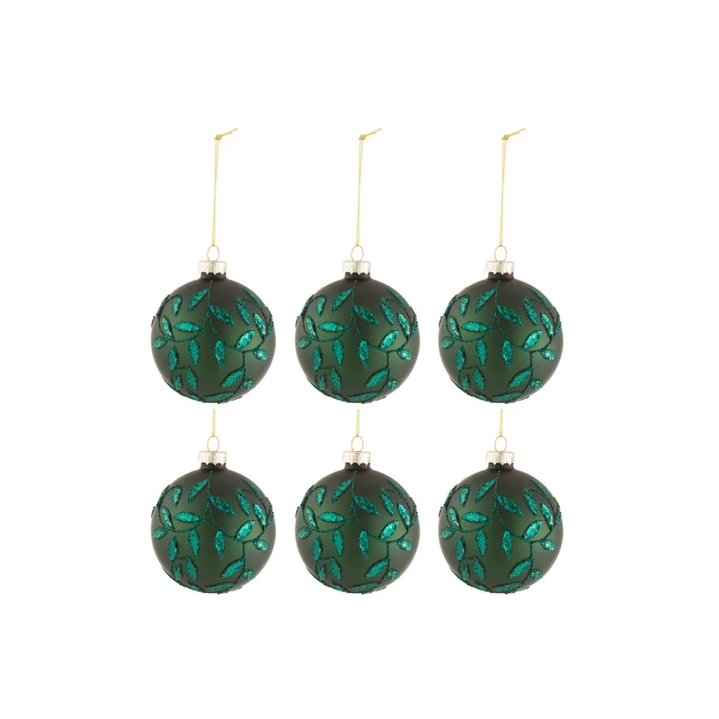 J-Line Box mit 6 Weihnachtskugeln, Blätter, glitzerndes Glas, mattgrün, klein