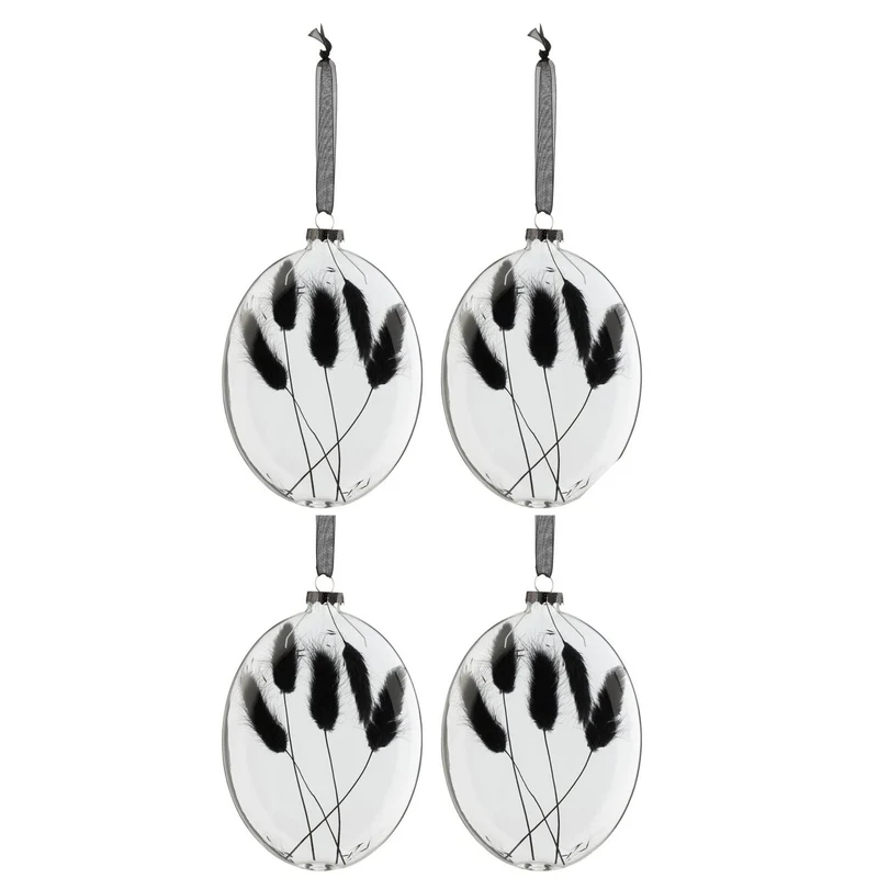 J-Line Box mit 4 Weihnachtskugeln, oval, flach, getrockneter Hasenschwanz, schwarzes Glas, transparent, groß