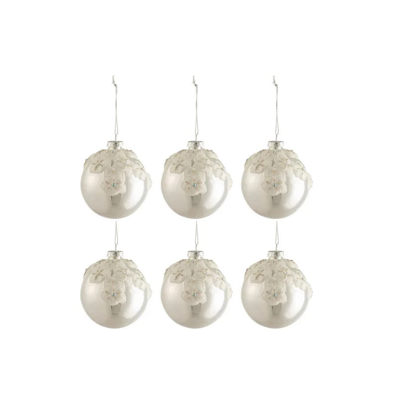J-Line Weihnachtskugel Blumen – Glas – glänzendes Silber – klein – 6er-Box