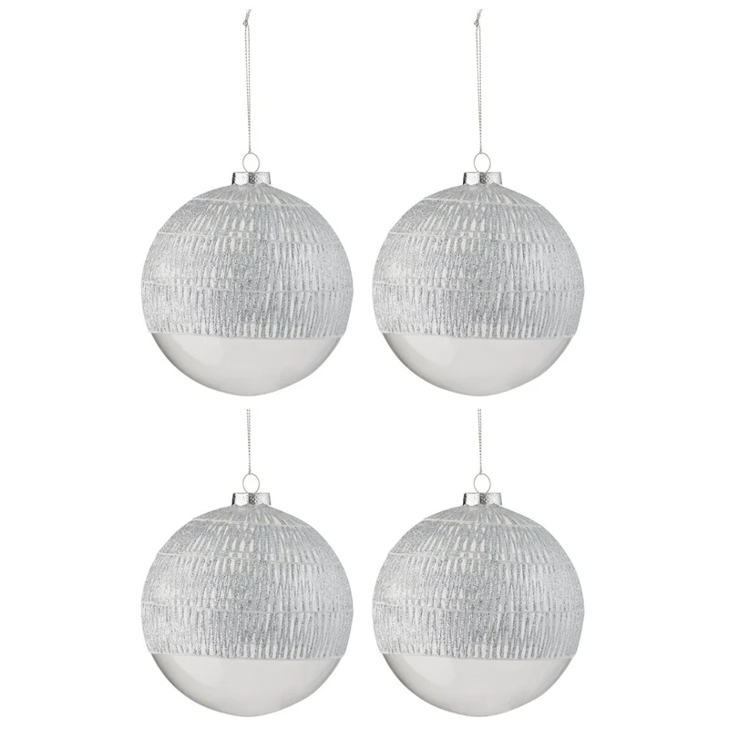 J-Line Box mit 4 Weihnachtskugeln aus Glas, transparent, silberfarben, groß