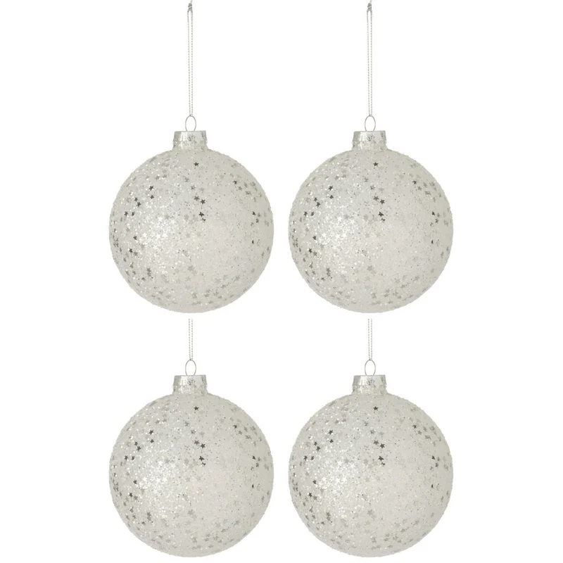 J-Line Box mit 4 Weihnachtskugeln Sterne Glas Silber Groß