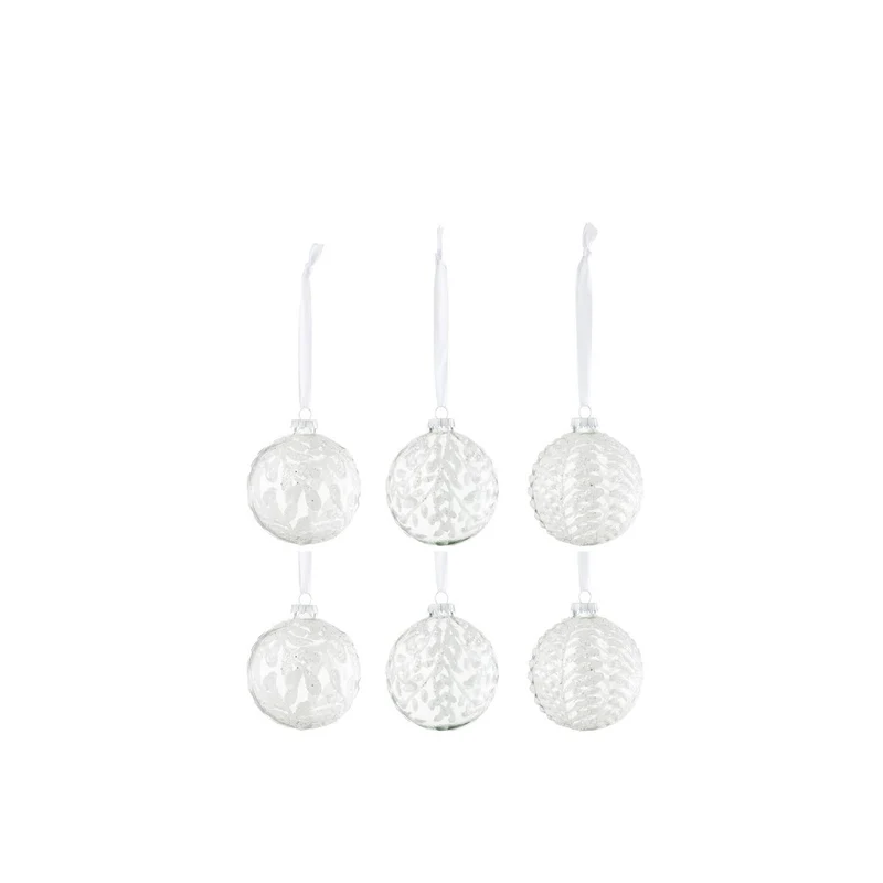 J-Line Box mit 6 Weihnachtskugeln, 2+2+2 Blätter, Pailletten, Glas, Weiß, klein