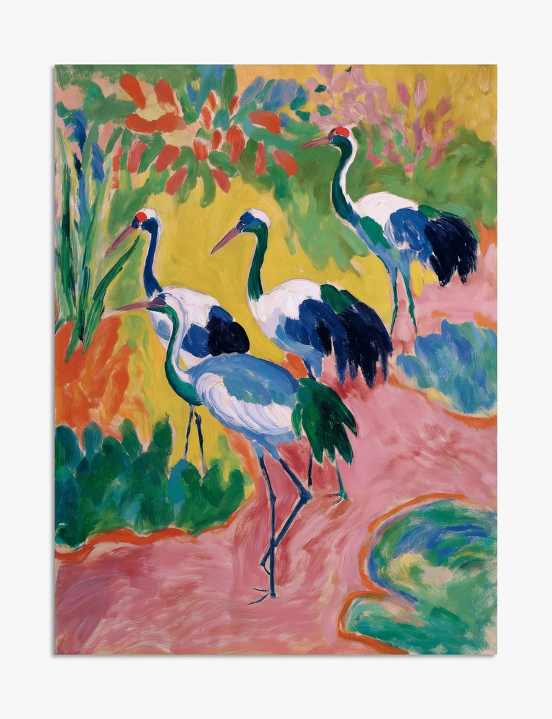 Three Cranes in a Pink Garden Art Print
