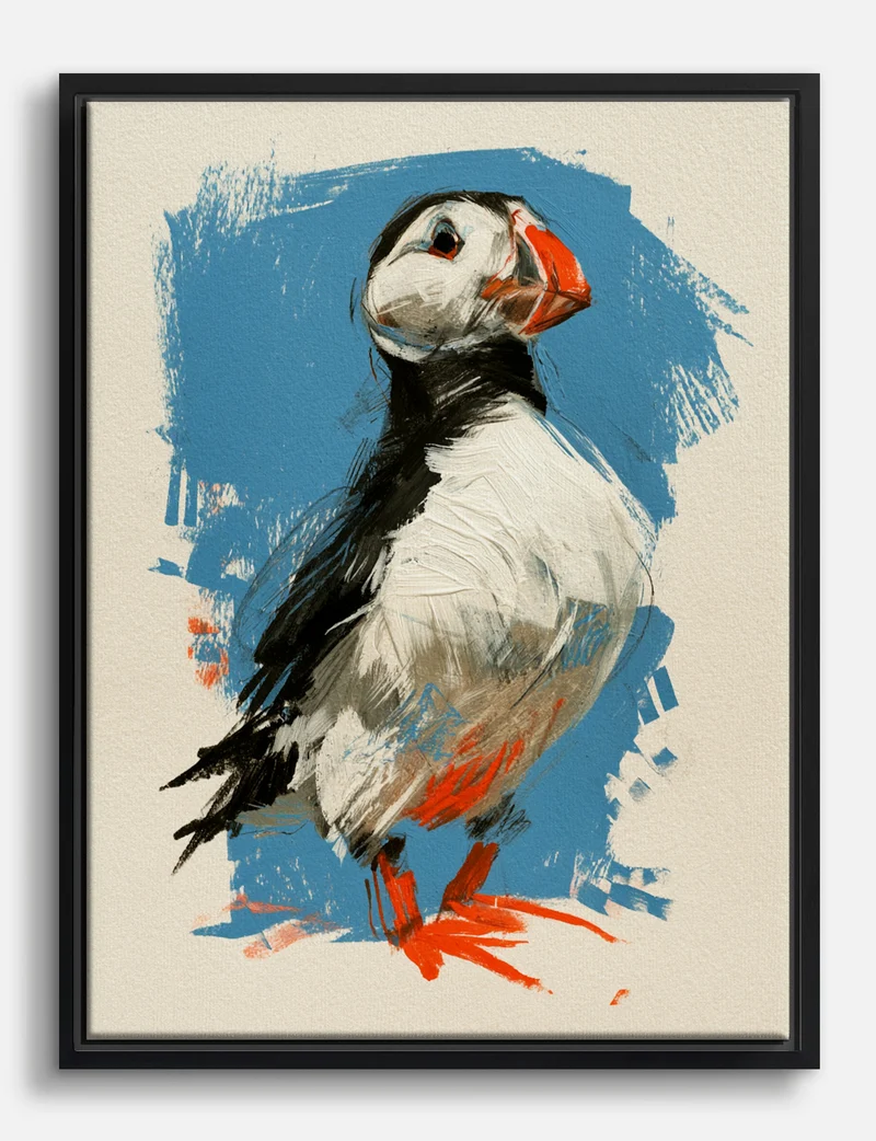 Painted Puffin on Blue Canvas Print
