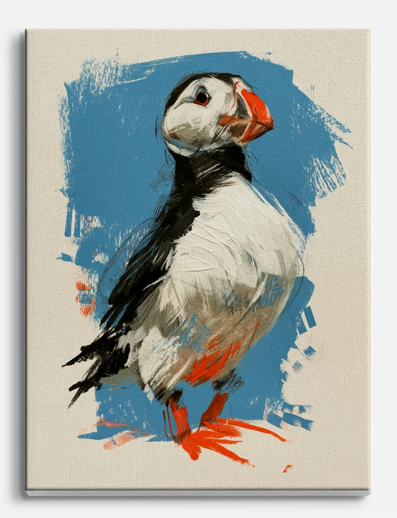 Painted Puffin on Blue Canvas Print