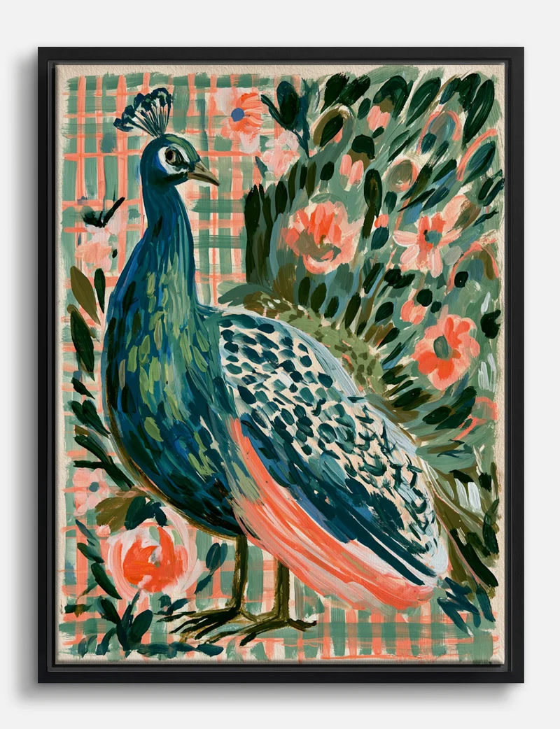 Painted Peacock on Check and Coral Blooms Canvas Print