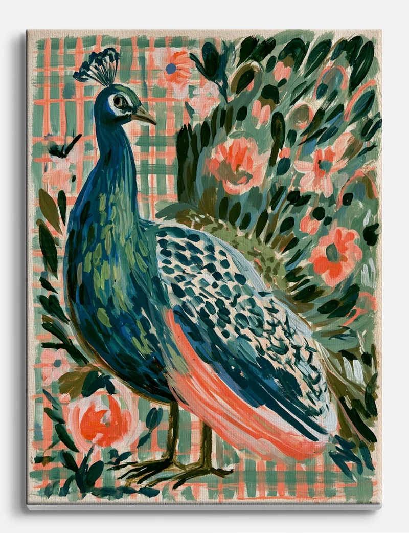 Painted Peacock on Check and Coral Blooms Canvas Print