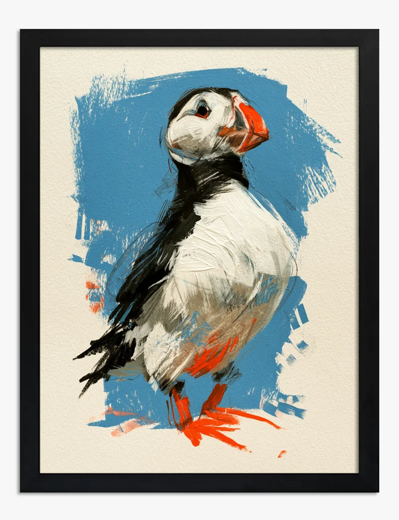 Painted Puffin on Blue Art Print