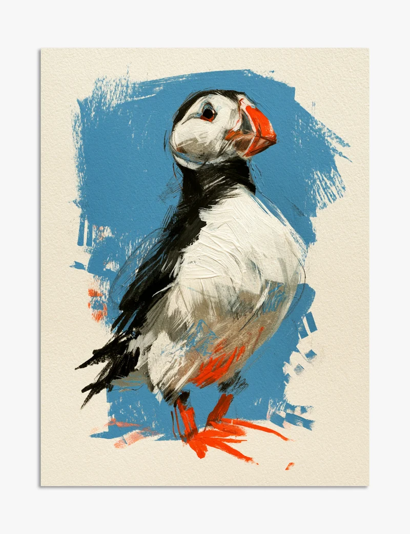 Painted Puffin on Blue Art Print