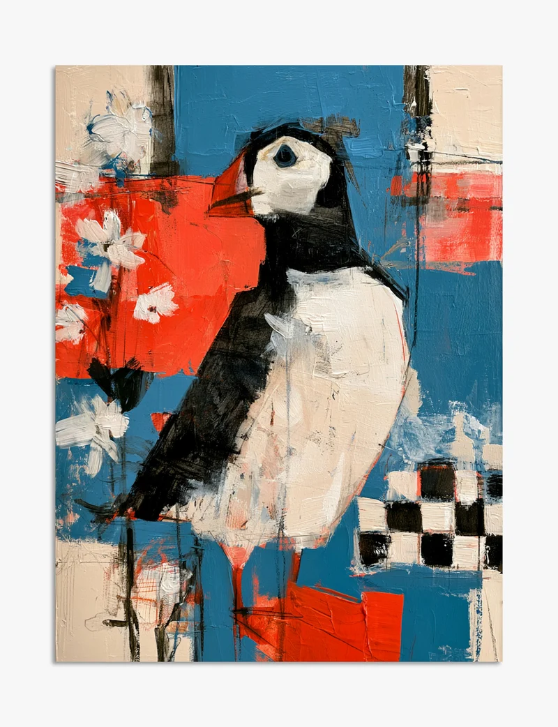 Puffin in Red and Blue Art Print