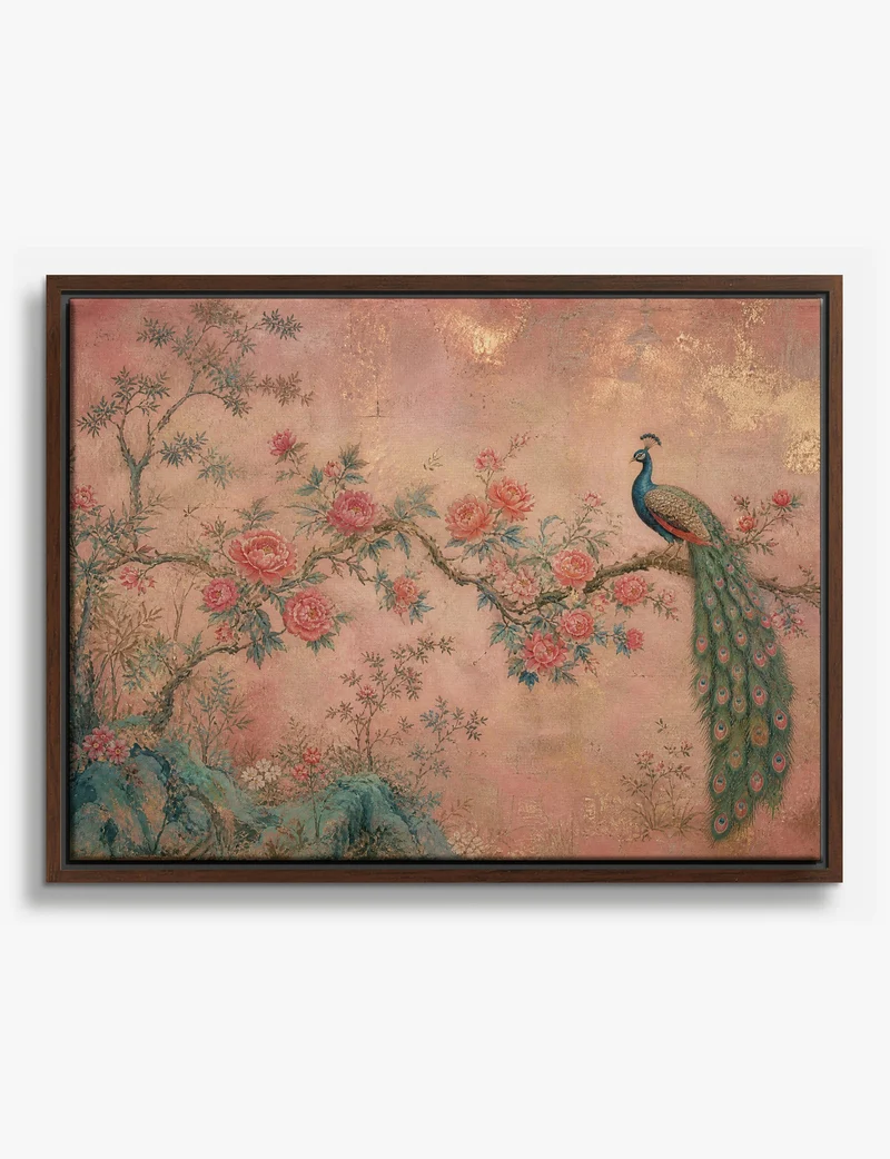 Pink Chinoiserie Peacock and Peonies Canvas Print