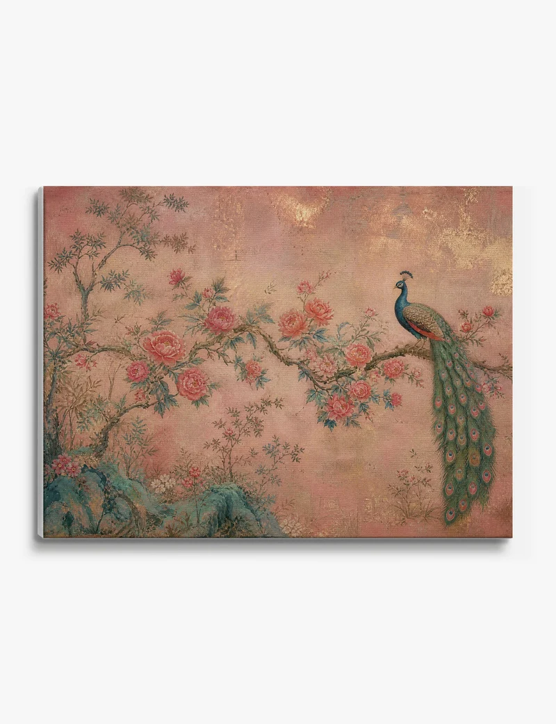 Pink Chinoiserie Peacock and Peonies Canvas Print