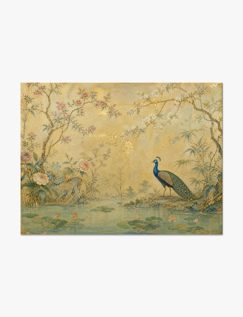 Peacock and Lily Pond Garden Art Print