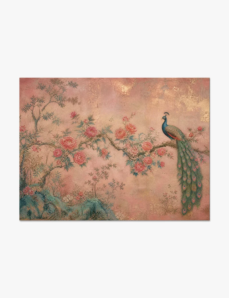 Pink Chinoiserie Peacock and Peonies Art Print