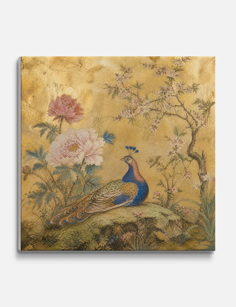 Peacock and Peony on Gold Canvas Print