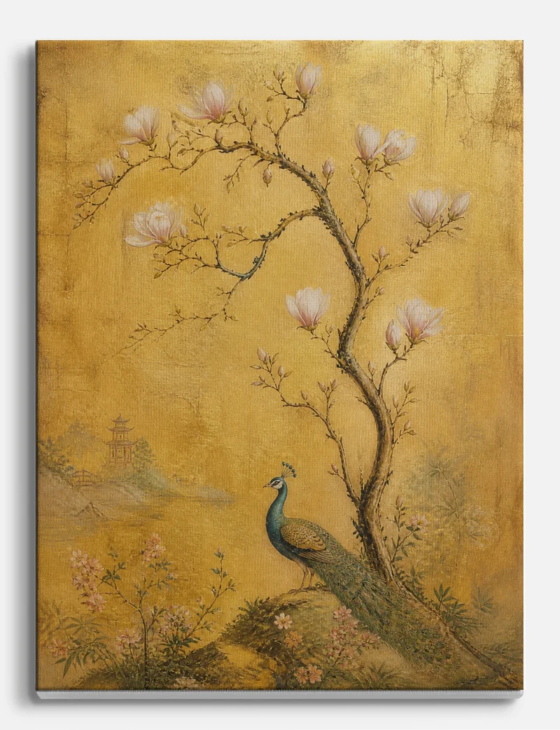 Peacock and Magnolia on Gold Canvas Print