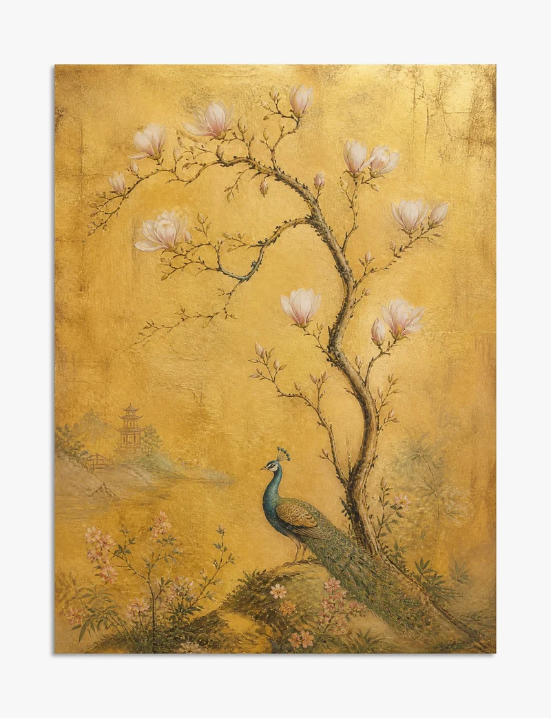 Peacock and Magnolia on Gold Art Print