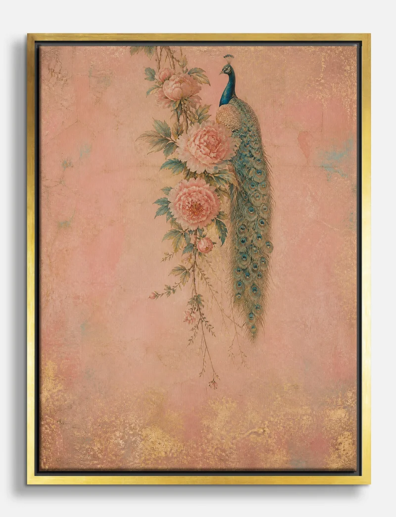 Peacock and Pink Peonies Canvas Print