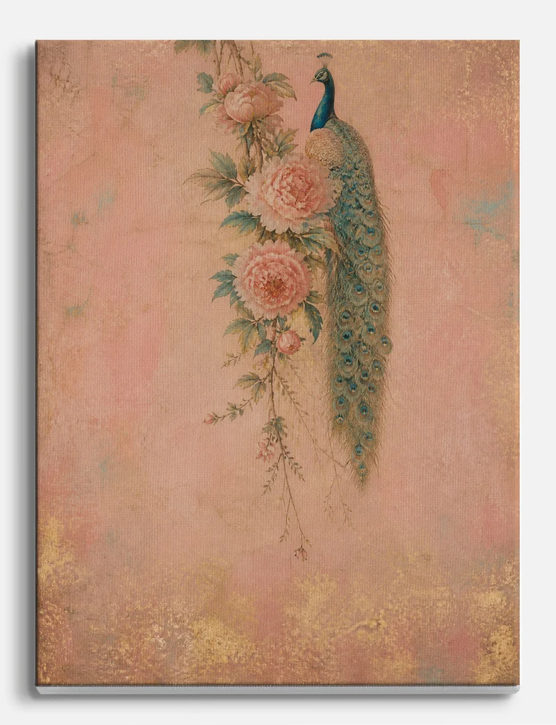 Peacock and Pink Peonies Canvas Print