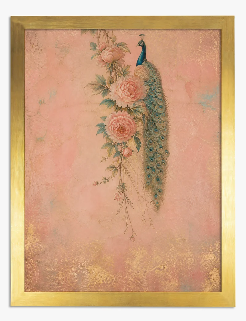 Peacock and Pink Peonies Art Print