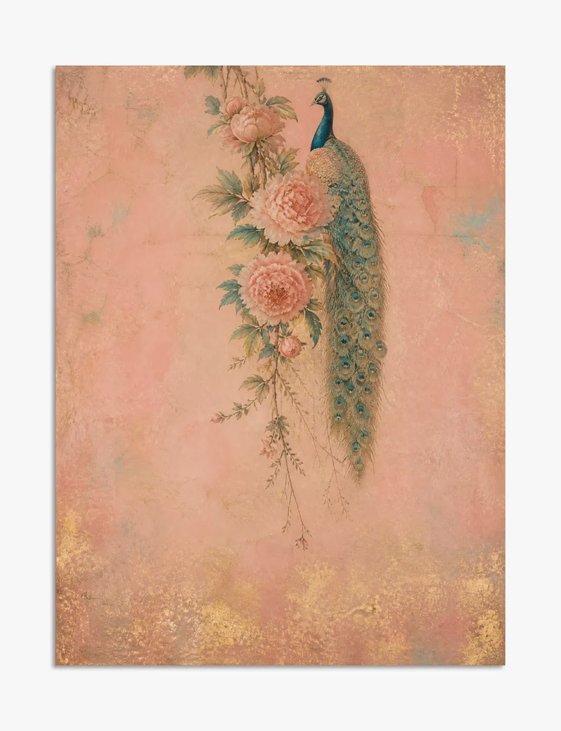 Peacock and Pink Peonies Art Print