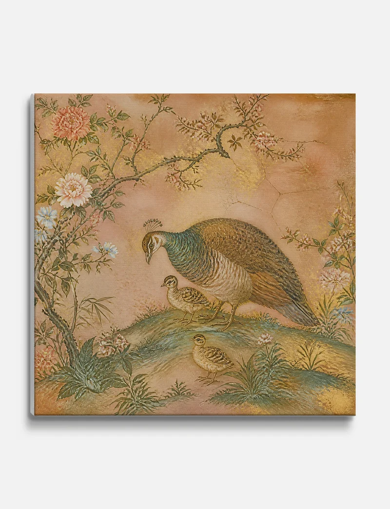 Peahen and Chicks Chinoiserie Panel Canvas Print