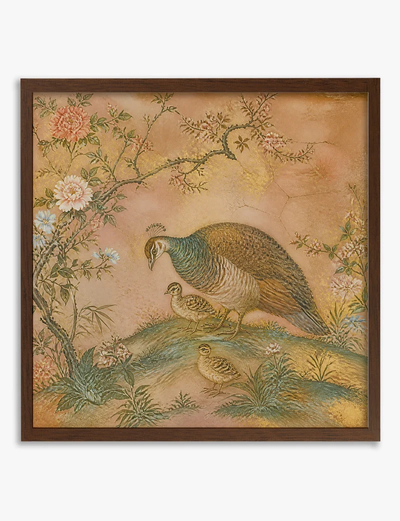 Peahen and Chicks Chinoiserie Panel Art Print