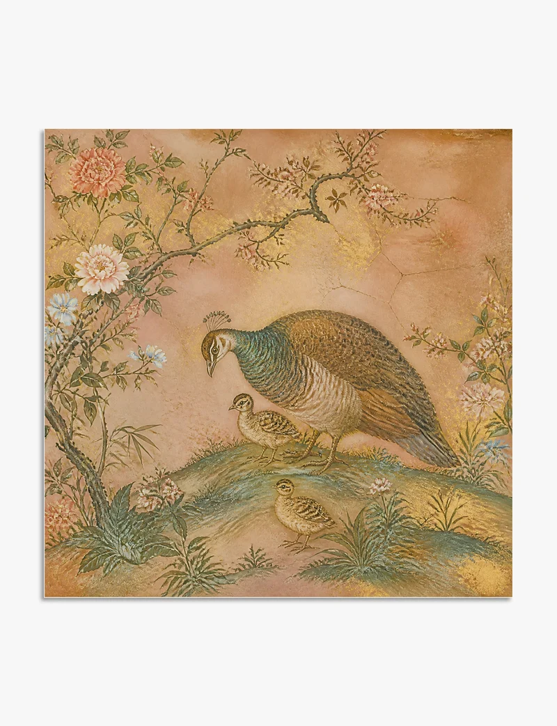 Peahen and Chicks Chinoiserie Panel Art Print