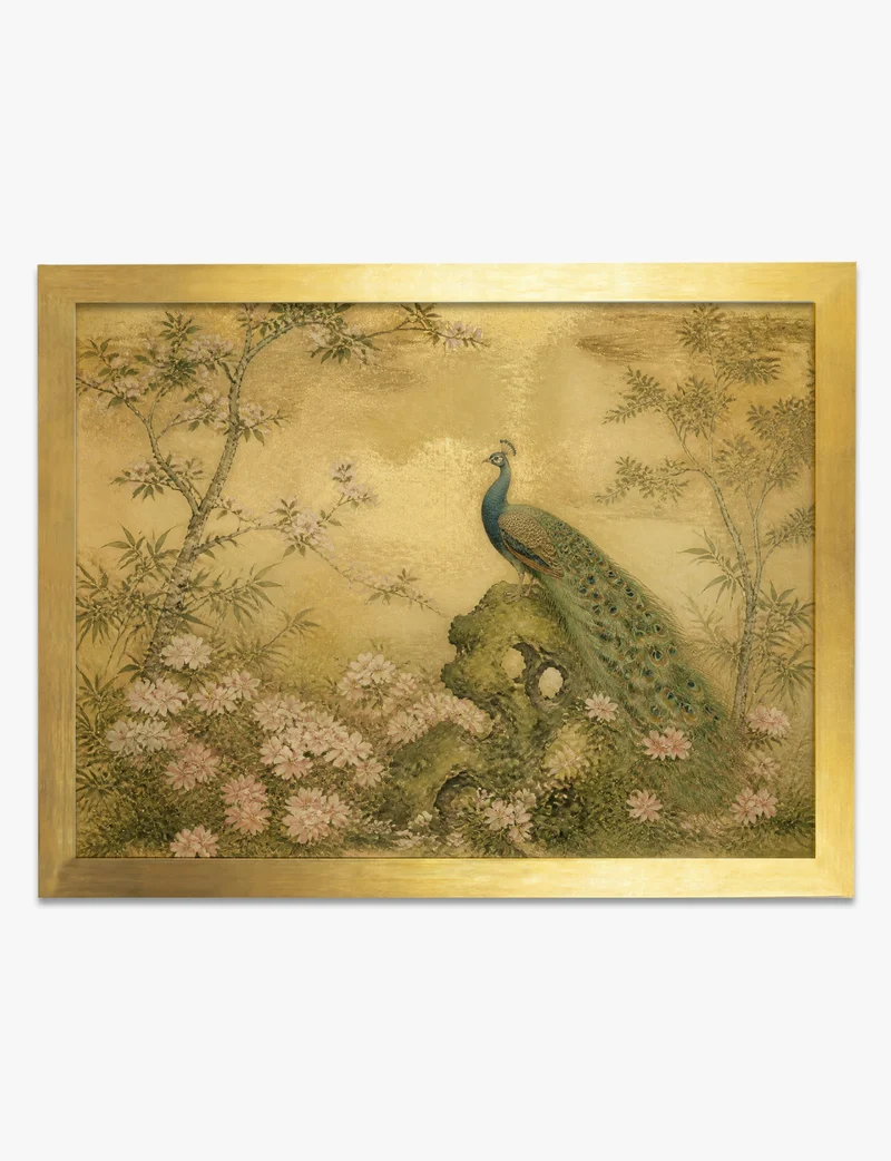 Peacock Among Blossom on Gold Art Print