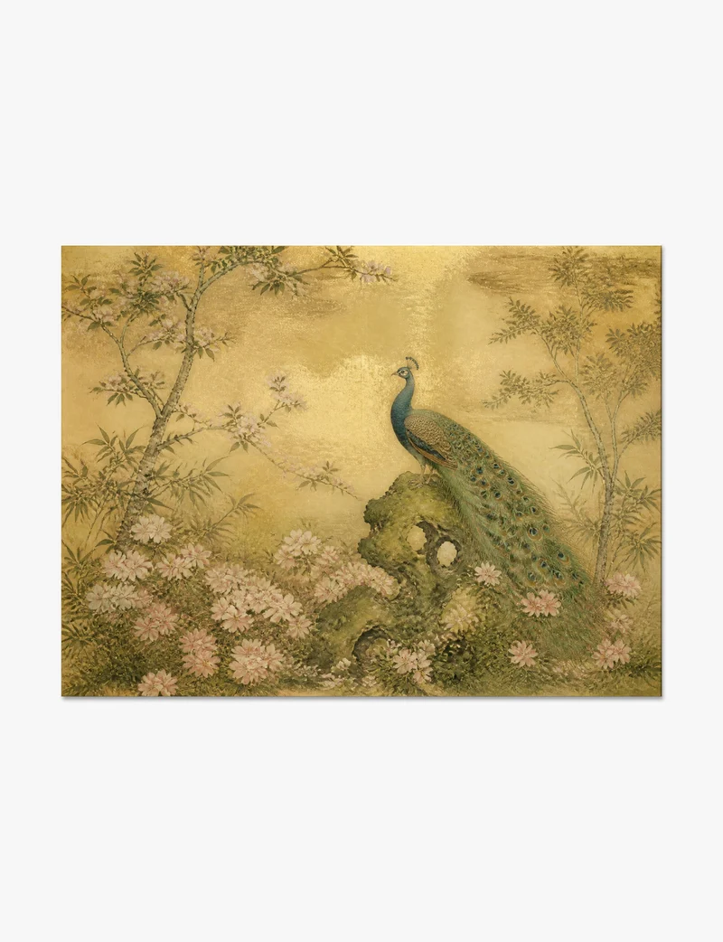 Peacock Among Blossom on Gold Art Print
