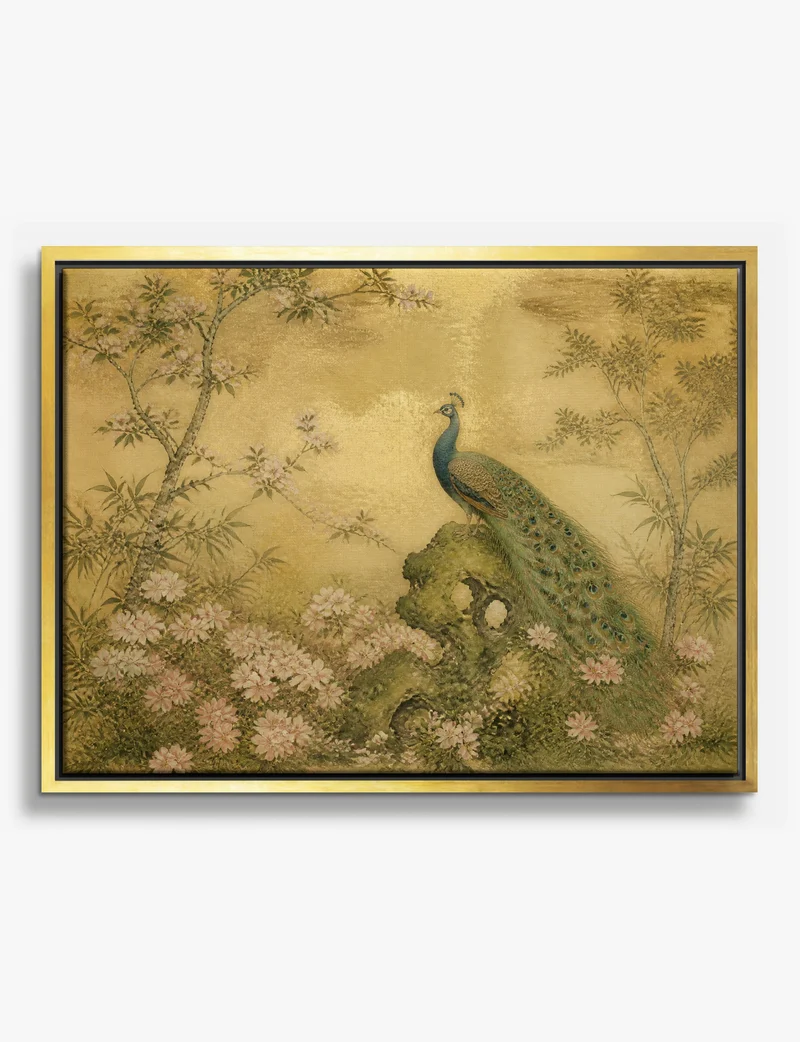 Peacock Among Blossom on Gold Canvas Print