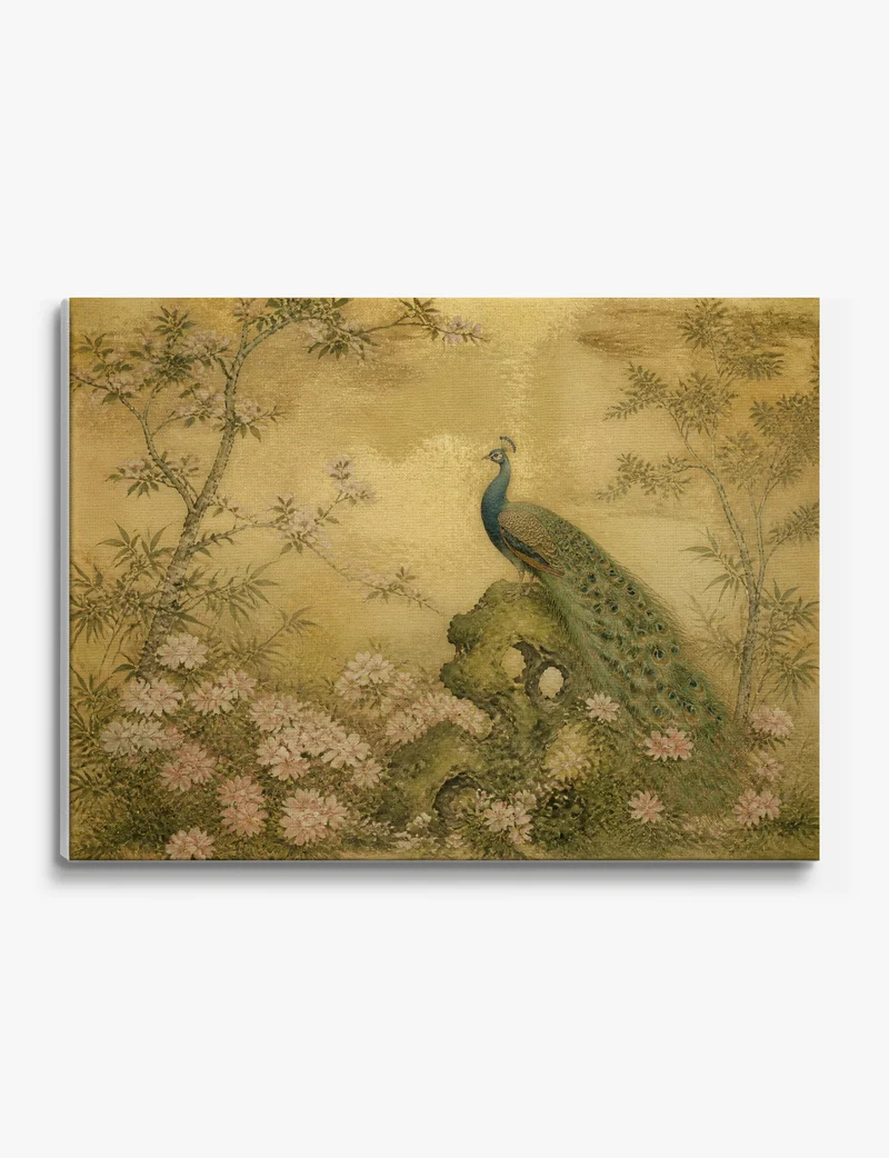 Peacock Among Blossom on Gold Canvas Print