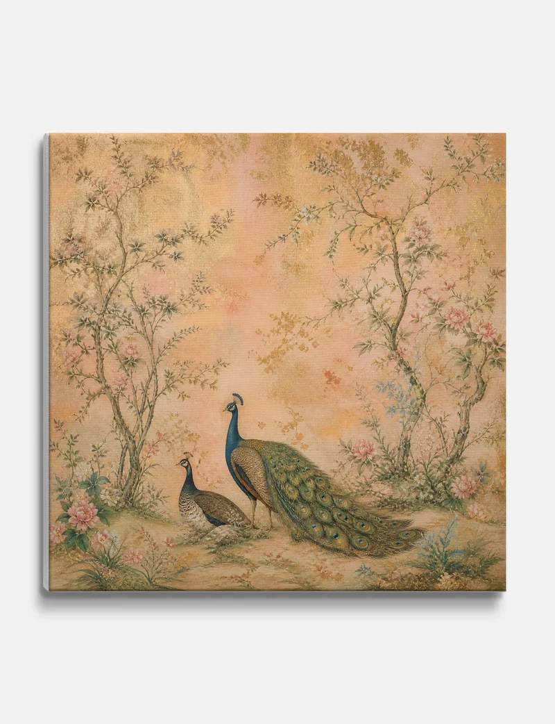 Peacocks in a Blossom Garden Canvas Print