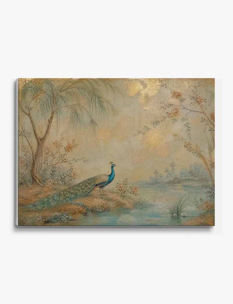 Peacock by the Willow River Canvas Print