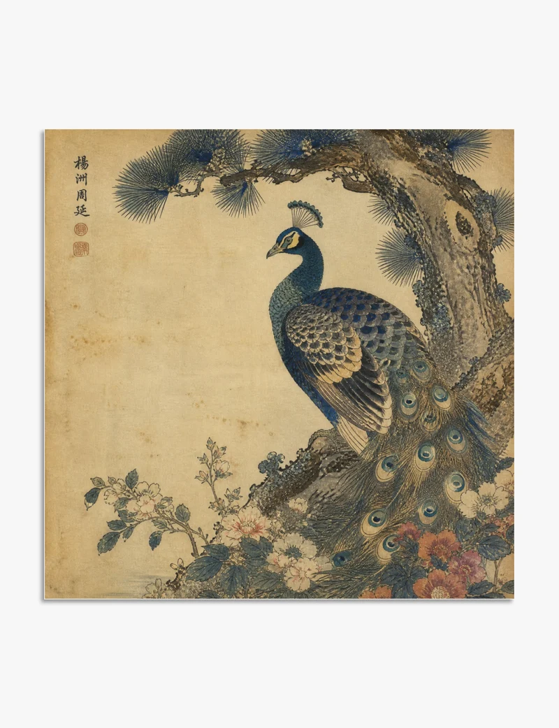 Peacock and Pine, Japanese Woodblock Art Print