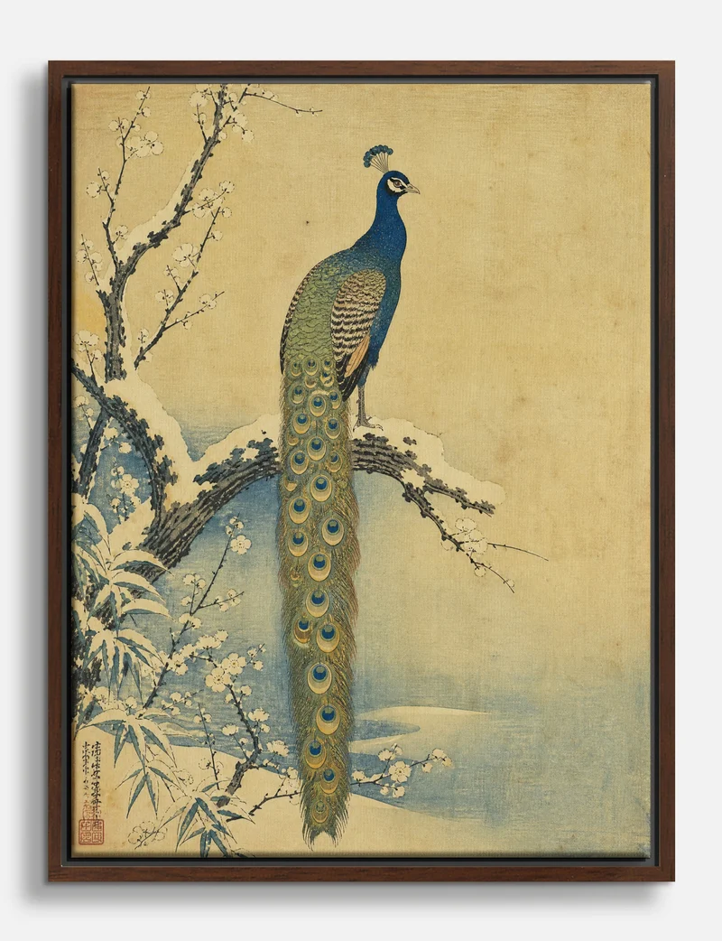 Peacock on a Snowy Plum Branch Canvas Print