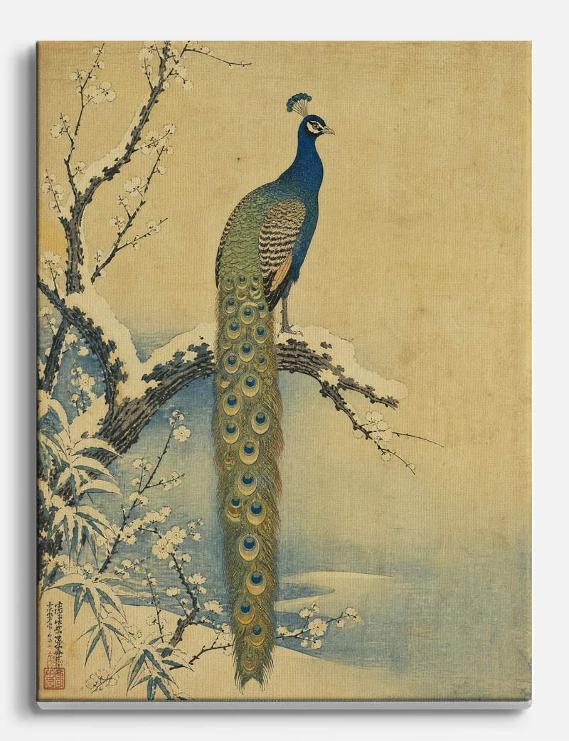 Peacock on a Snowy Plum Branch Canvas Print
