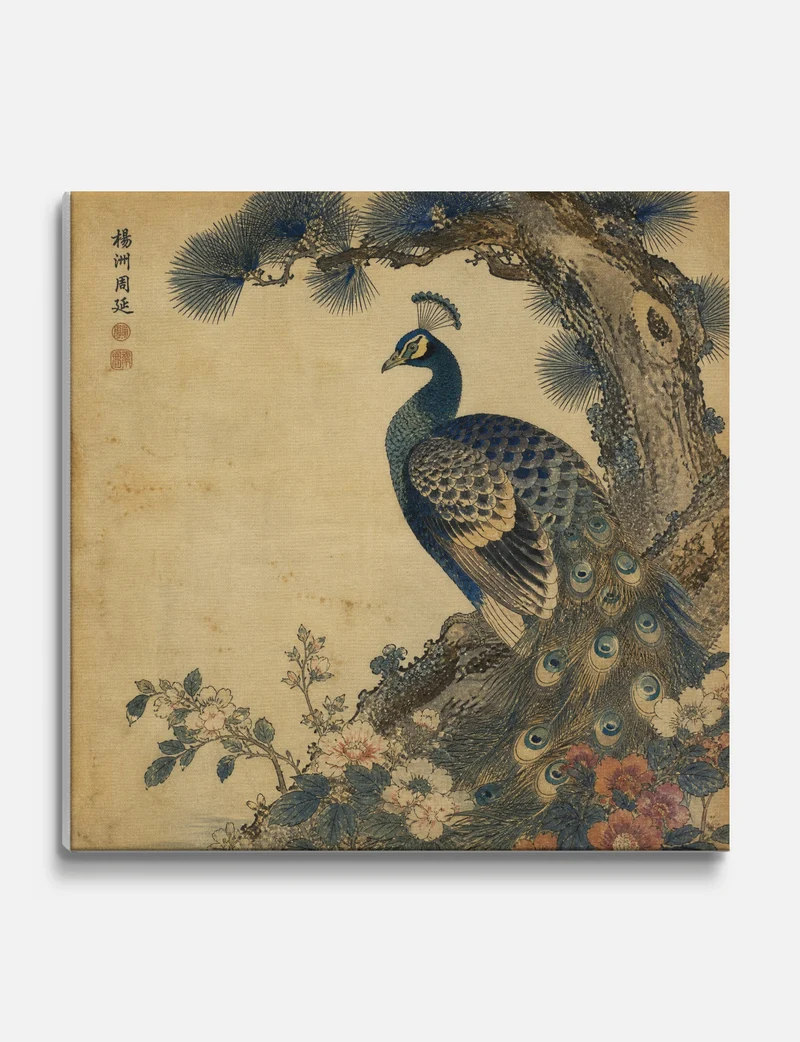 Peacock and Pine, Japanese Woodblock Canvas Print