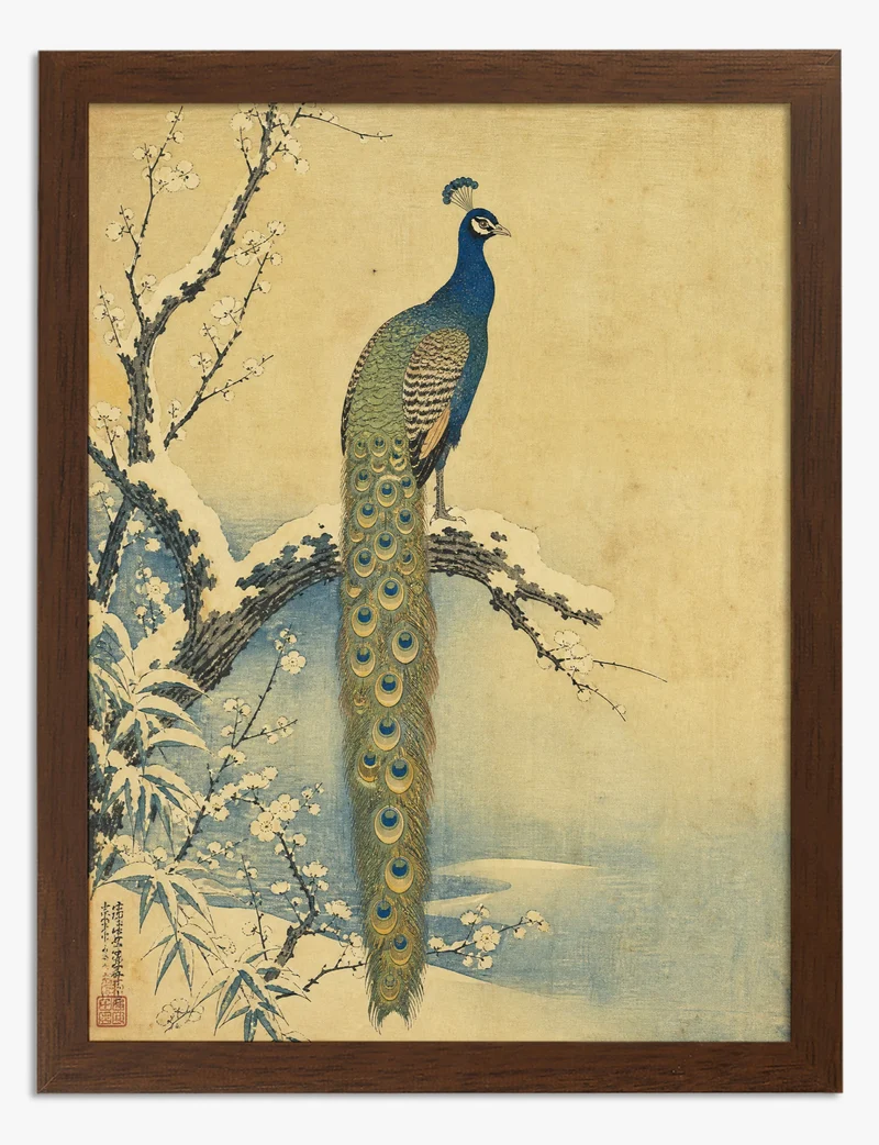 Peacock on a Snowy Plum Branch Art Print