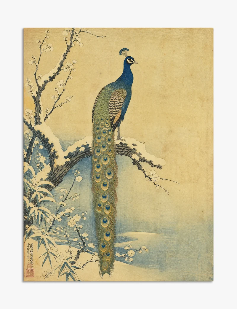 Peacock on a Snowy Plum Branch Art Print