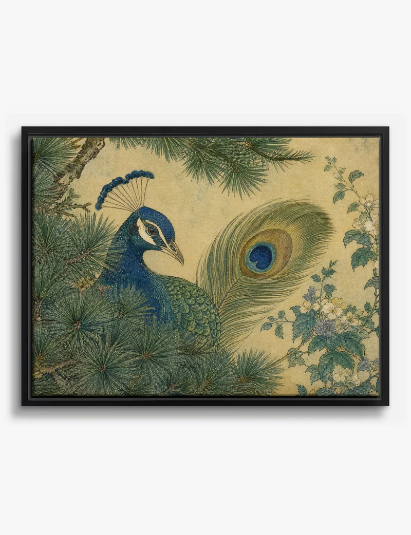 Peacock in Pine, Japanese Study Canvas Print