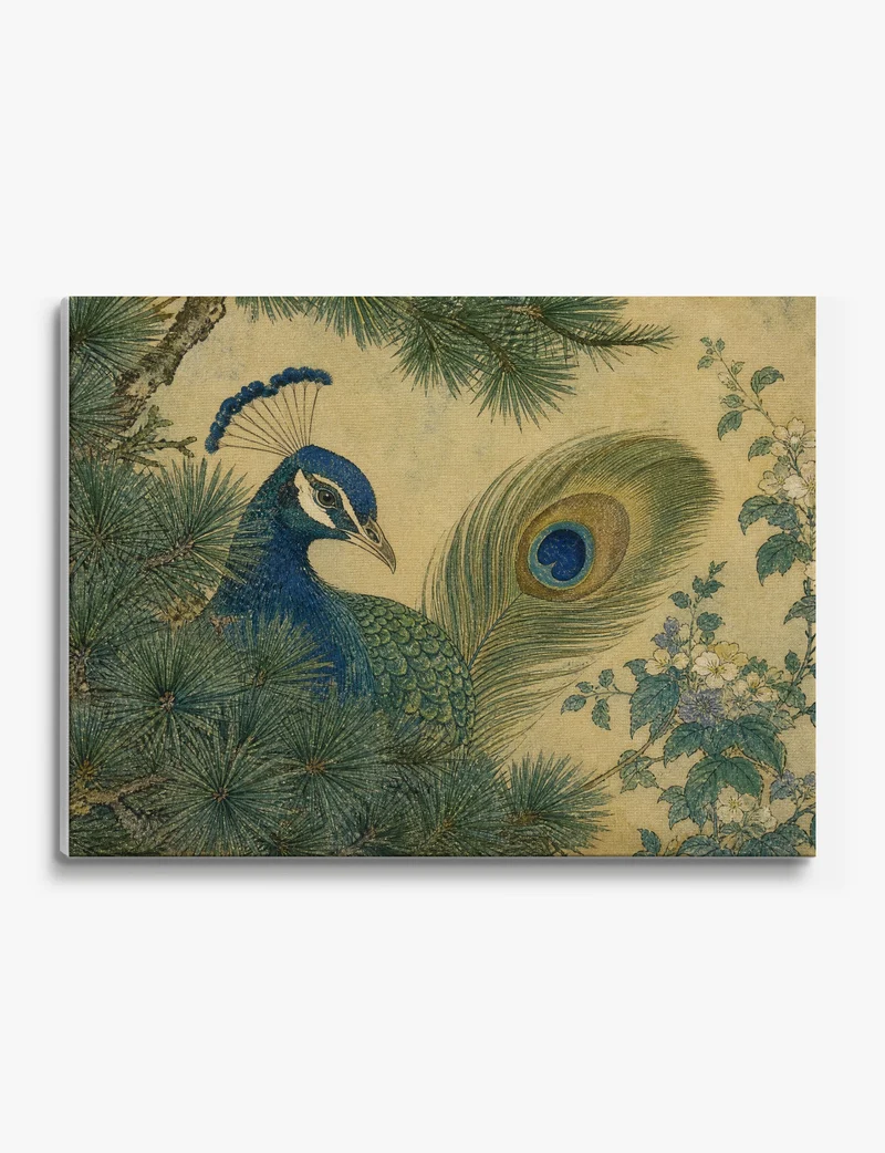 Peacock in Pine, Japanese Study Canvas Print