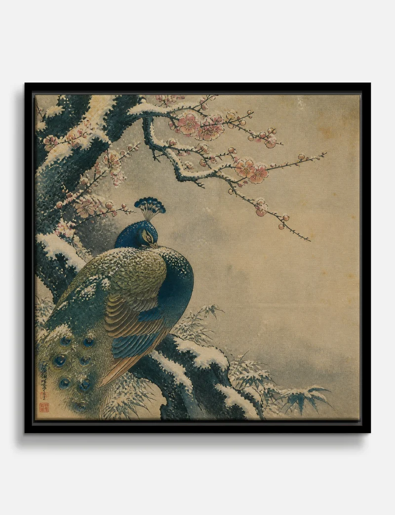 Peacock in Snow with Plum Blossom Canvas Print