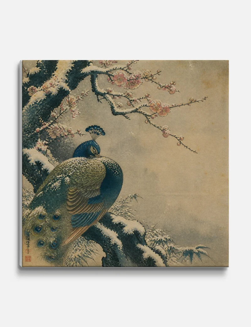 Peacock in Snow with Plum Blossom Canvas Print