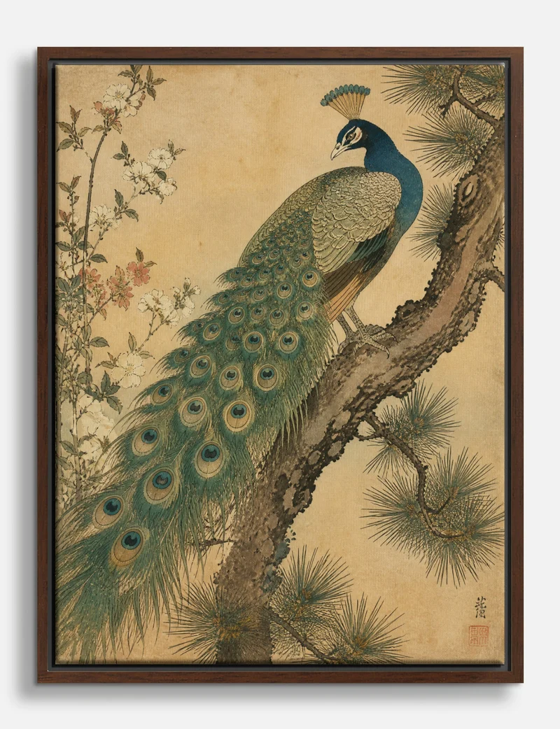 Peacock on Pine, Keinen Inspired Canvas Print