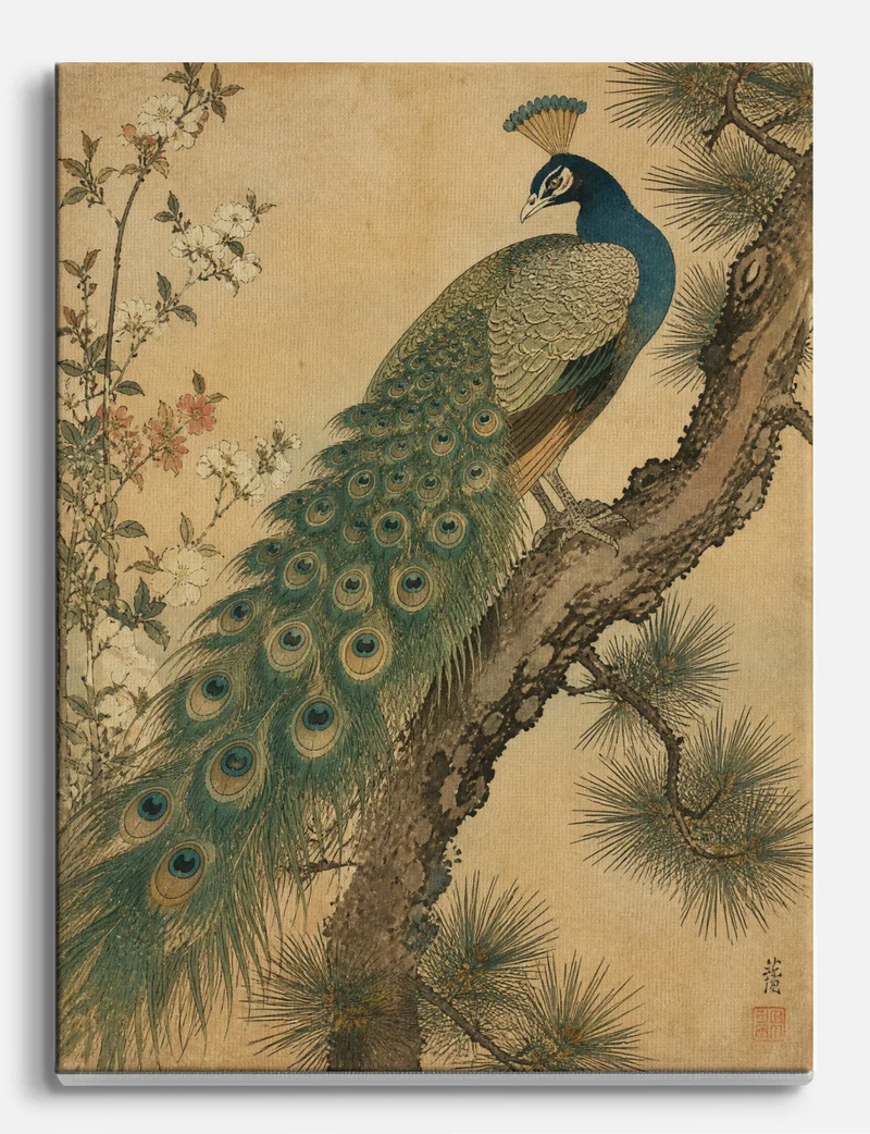 Peacock on Pine, Keinen Inspired Canvas Print