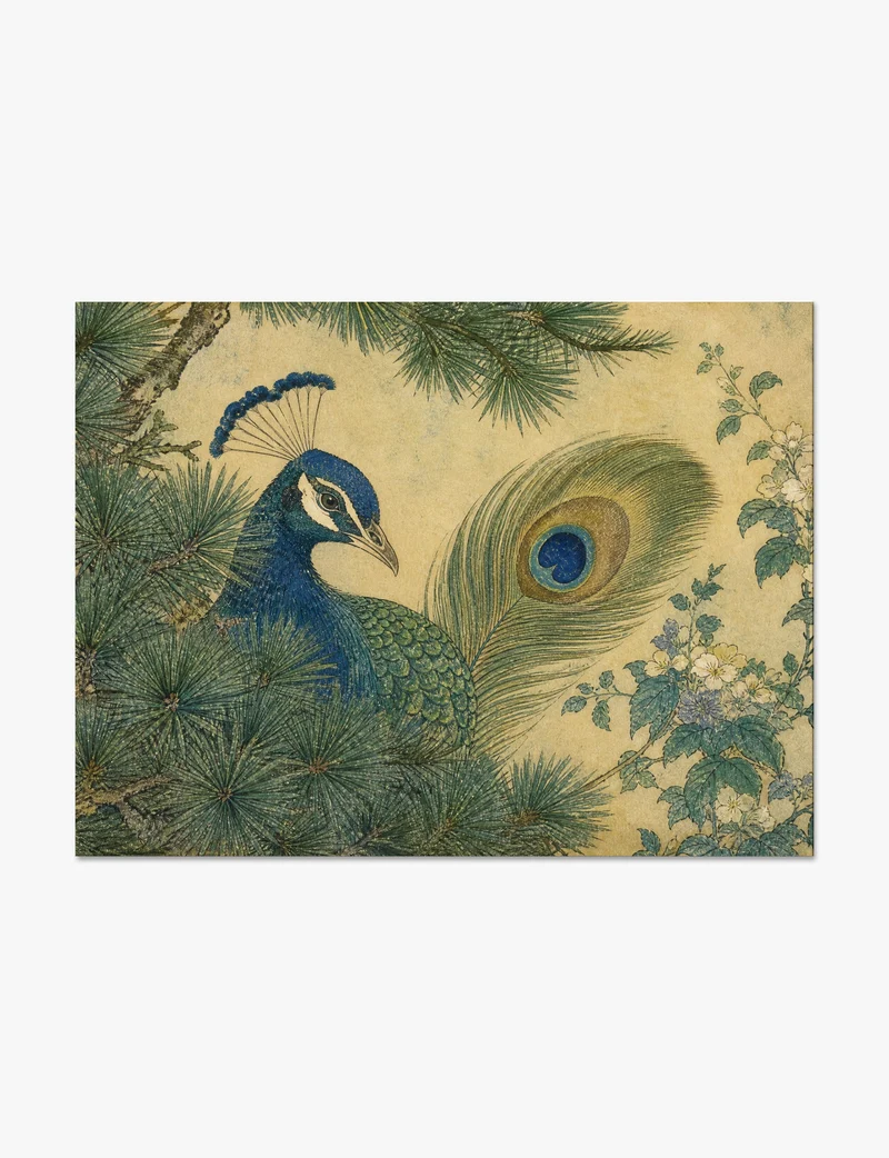 Peacock in Pine, Japanese Study Art Print